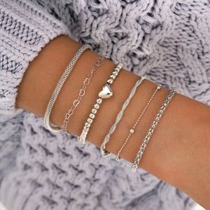 3/$33 6 Piece Silver Heart Bracelet Set